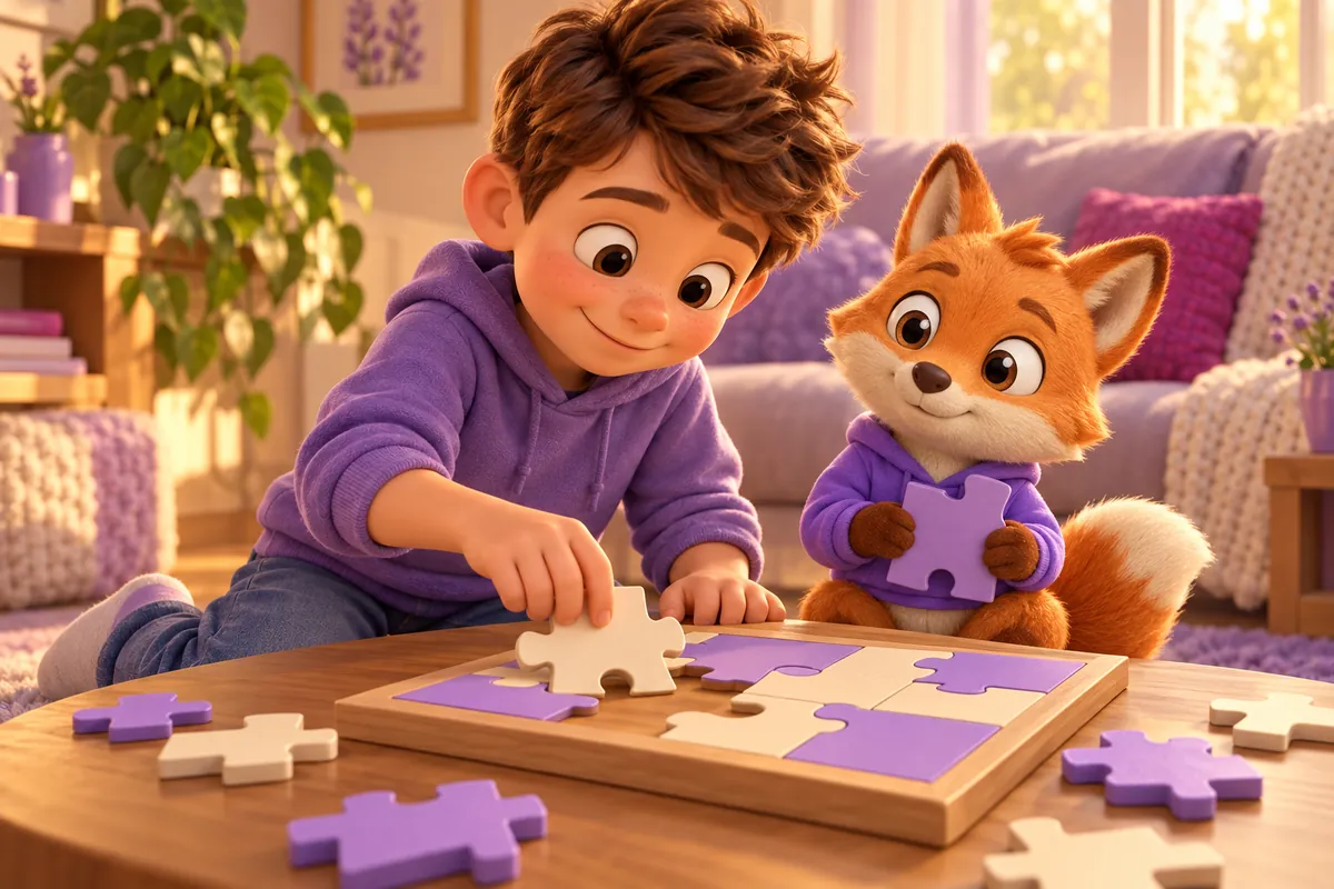 Ein Junge probiert ein Puzzleteil in eine Lücke, der Lerntwin-Fuchs hält ein zweites Teil bereit