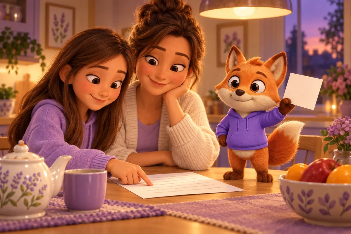 Eine Tochter zeigt ihrer Mutter am Küchentisch stolz ein Blatt, der Lerntwin-Fuchs hält eine Karte hoch wie bei einem Quiz