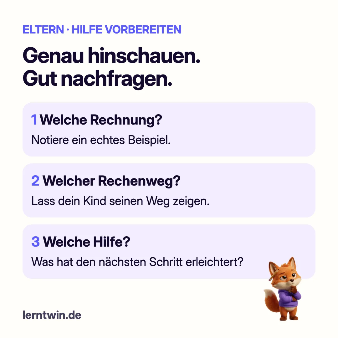 Drei Beobachtungsfragen: Welche Aufgabe, welcher Rechenweg und welche Hilfe?