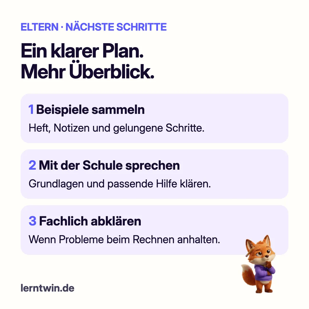 Drei nächste Schritte: Beispiele sammeln, mit der Schule sprechen, fachlich abklären
