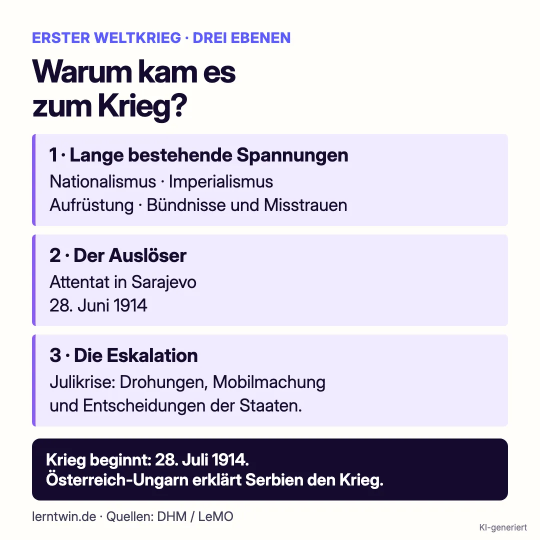 Vier lange bestehende Spannungen, das Attentat als Auslöser und Entscheidungen in der Julikrise als getrennte Ebenen