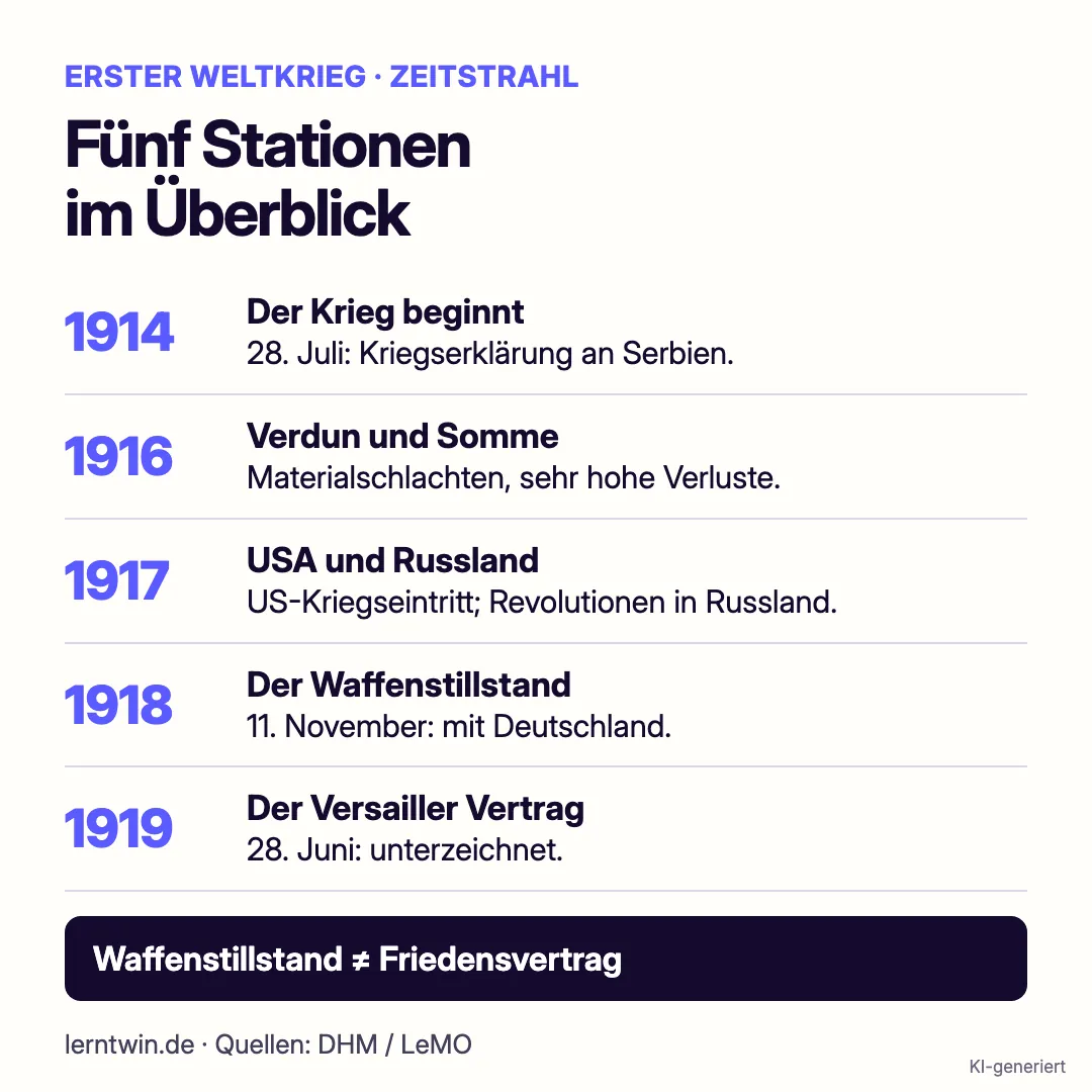 Zeitstrahl mit 1914 als Kriegsbeginn, 1916 Materialschlachten, 1917 USA und Revolutionen, 1918 Waffenstillstand und 1919 Versailles