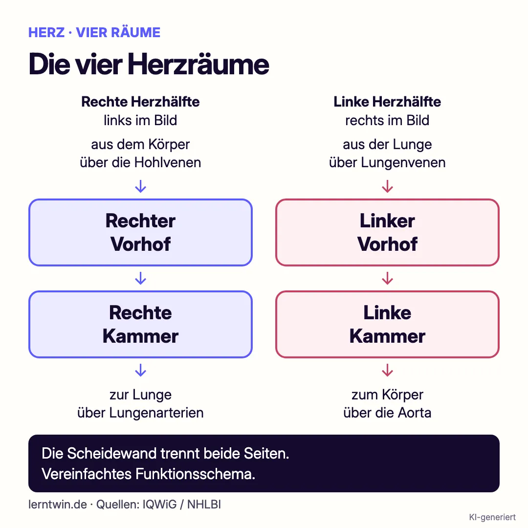 Vier Herzräume als beschriftetes Funktionsschema: rechts im Körper links im Bild, Blut durch Vorhöfe und Kammern