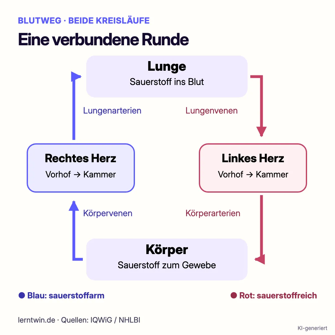 Blutweg als geschlossener Kreislauf mit Lunge oben, Körper unten und beiden Herzhälften dazwischen; Sauerstoffaufnahme in der Lunge und Abgabe im Körper