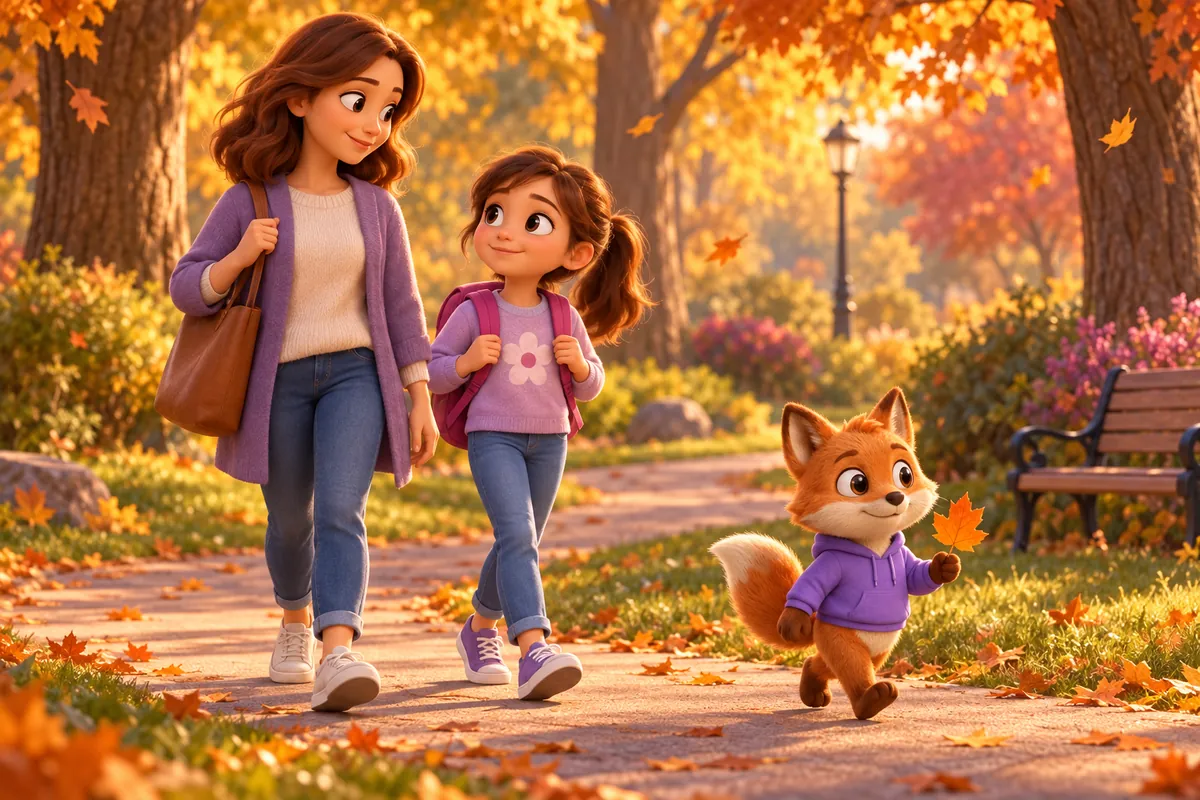 Eine Mutter und ihre Tochter mit Schulranzen gehen durch einen herbstlichen Park, der Lerntwin-Fuchs läuft mit einem Blatt in der Hand voraus