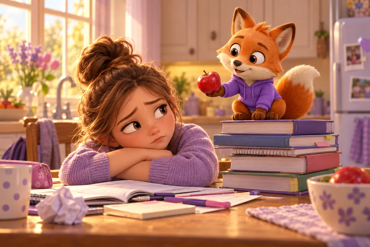 Ein müdes Mädchen legt den Kopf neben einen Stapel Schulbücher, der Lerntwin-Fuchs reicht ihr einen Apfel