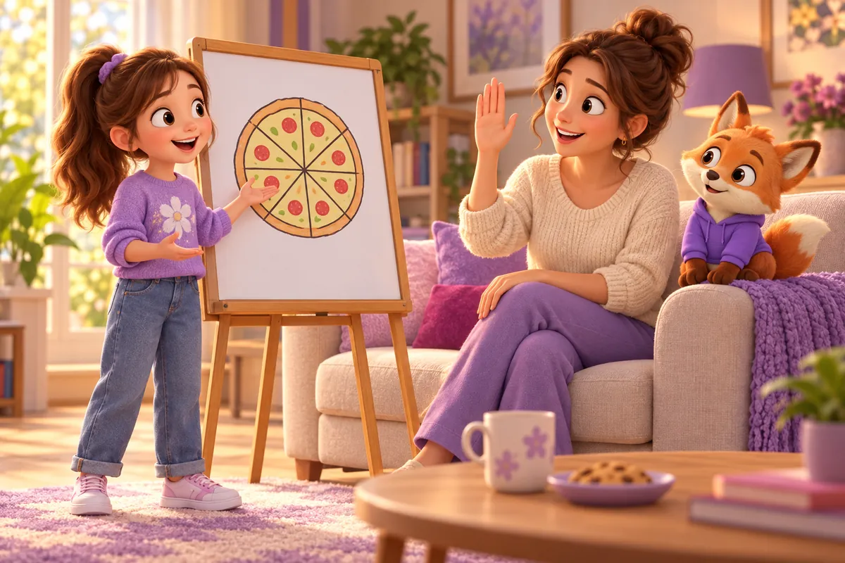 Ein Mädchen erklärt an einem kleinen Whiteboard eine Pizza in Stücken, die Mutter hört vom Sofa aus zu und meldet sich, der Lerntwin-Fuchs hört mit