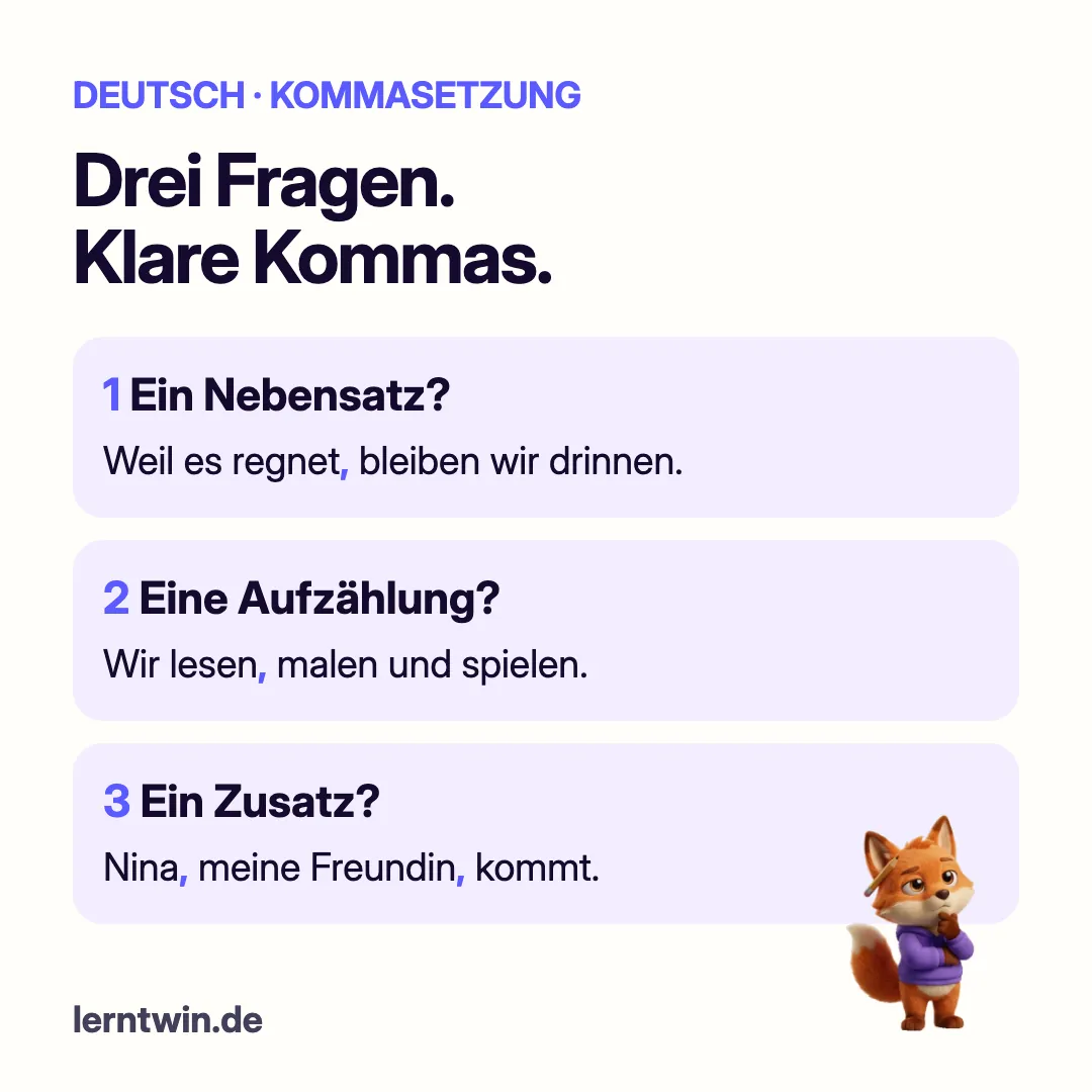 Drei Prüffragen: Nebensatz, Aufzählung und Zusatz