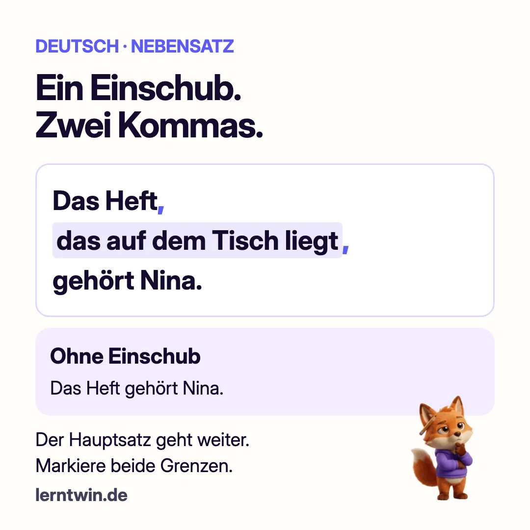 Ein eingeschobener Nebensatz wird mit zwei lila Kommas abgegrenzt