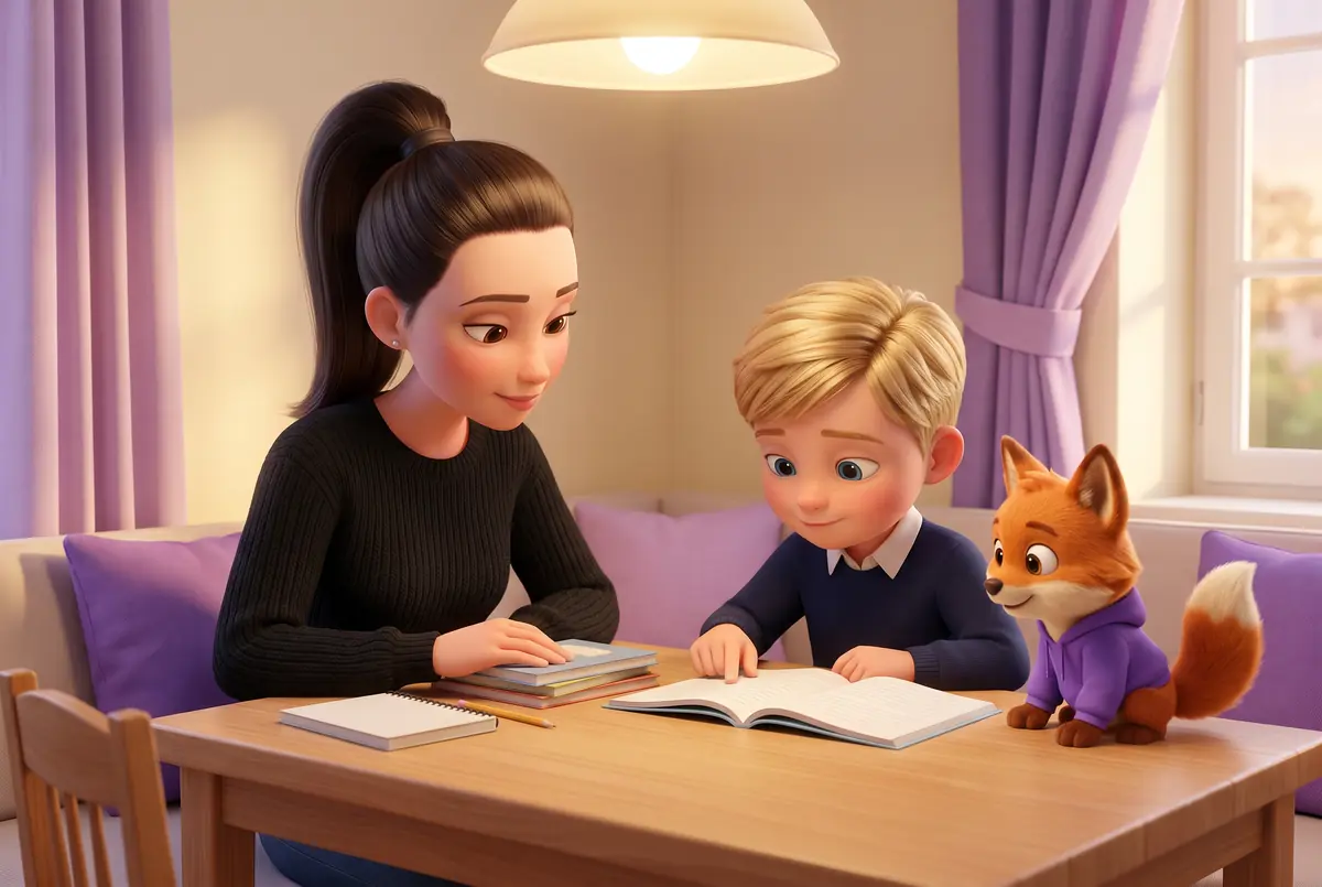 Eine Mutter und ihr Sohn schauen am Tisch gemeinsam Schulhefte an, der Lerntwin-Fuchs sitzt dabei