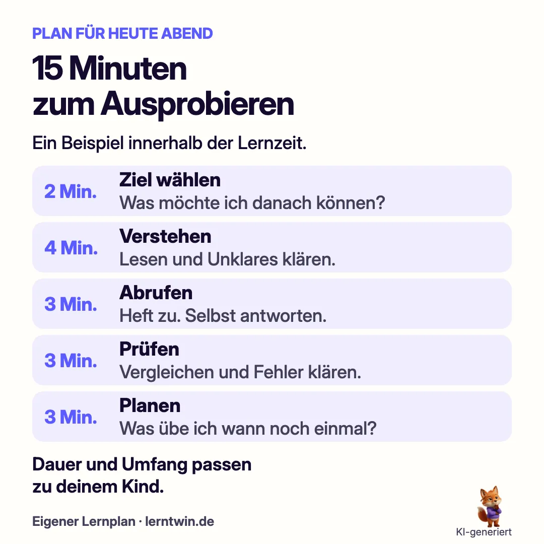 Beispiel für 15 Minuten Lernzeit: 2 Minuten Ziel, 4 Minuten verstehen, 3 Minuten abrufen, 3 Minuten prüfen und 3 Minuten planen.