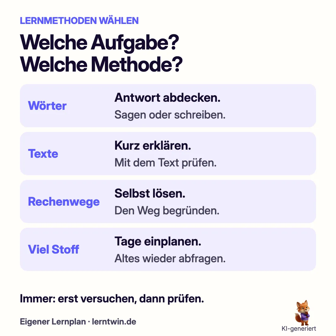Vier Lernziele mit passender Übung: Wörter aus dem Kopf nennen, Texte erklären, Rechenwege selbst lösen und viel Stoff auf Tage verteilen.
