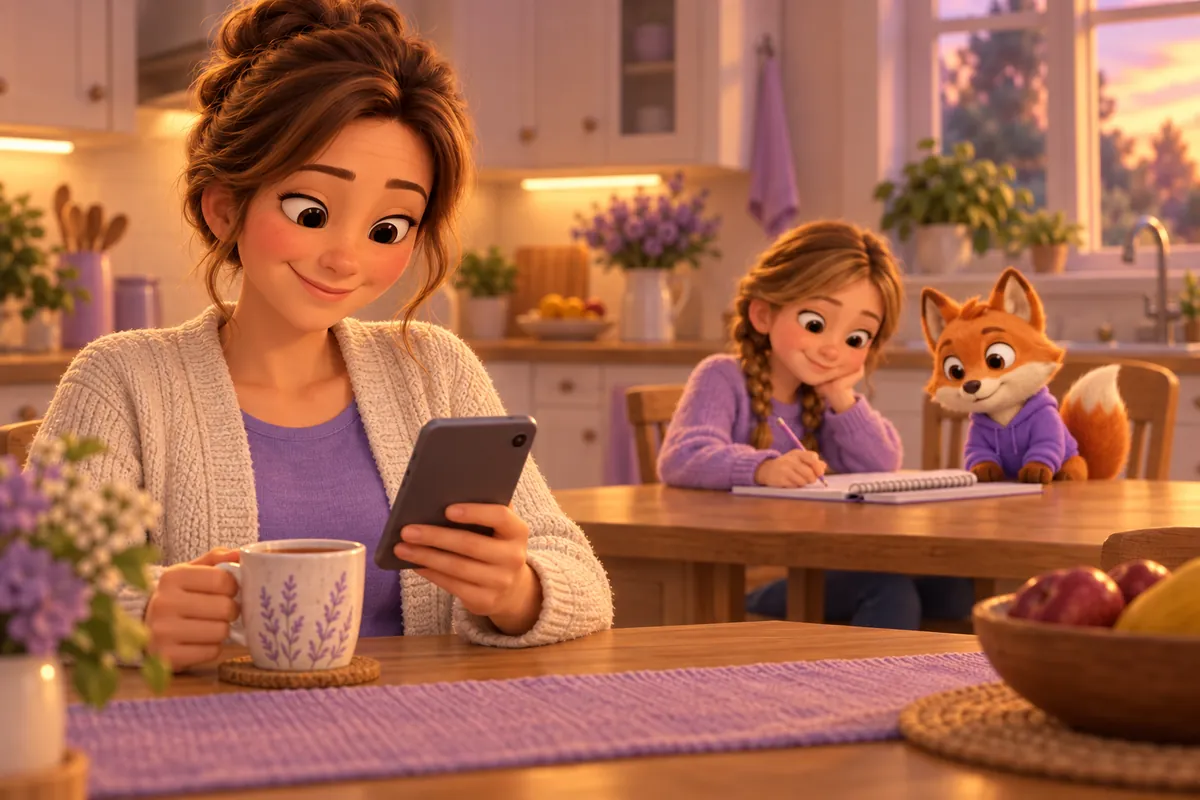 Eine Mutter liest am Küchentisch zufrieden etwas auf ihrem Handy, im Hintergrund lernt die Tochter, der Lerntwin-Fuchs sitzt neben ihr