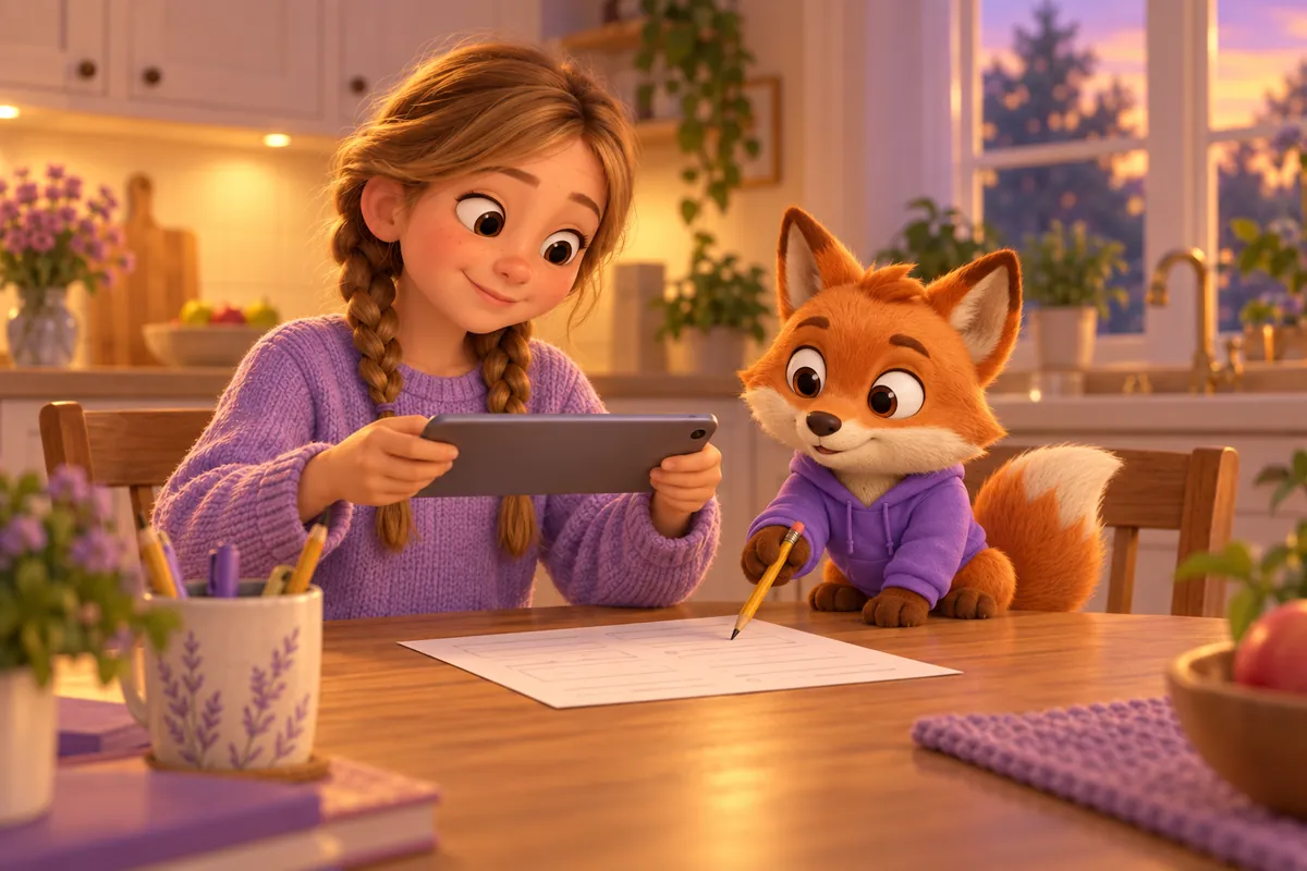 Ein Mädchen fotografiert am Küchentisch ihr Matheblatt mit dem Tablet, der Lerntwin-Fuchs zeigt mit einem Stift auf die Aufgabe