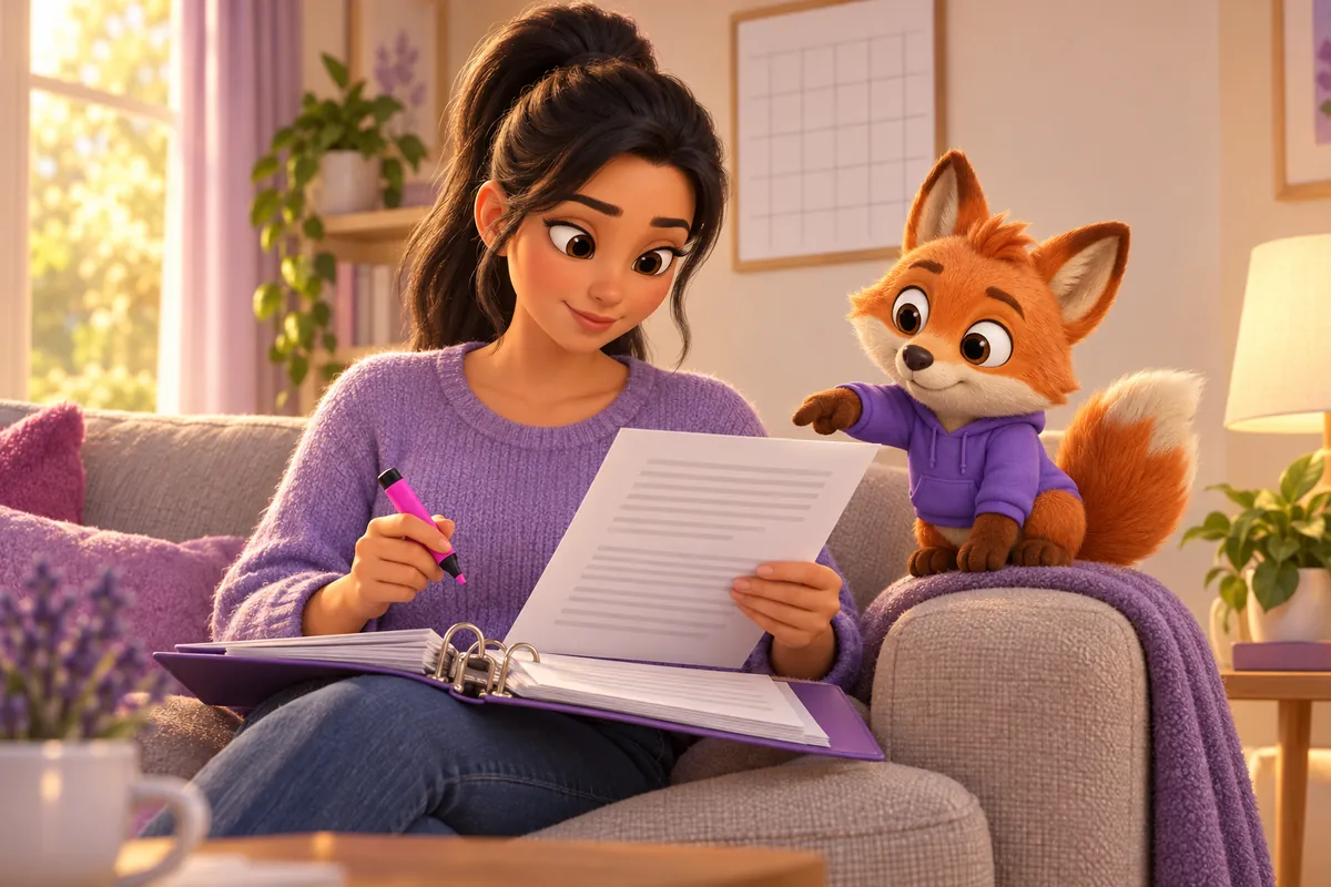 Eine Mutter prüft auf dem Sofa mit einem Textmarker die Unterlagen zum Nachhilfevertrag, der Lerntwin-Fuchs zeigt auf das Blatt