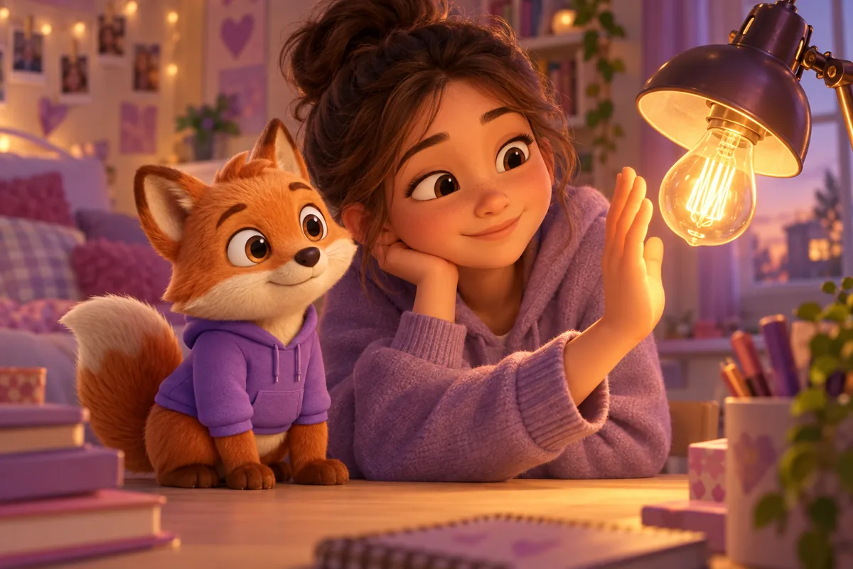 Ein Mädchen und der Lerntwin-Fuchs betrachten am Schreibtisch eine Glühlampe, deren dünner Draht hell glüht