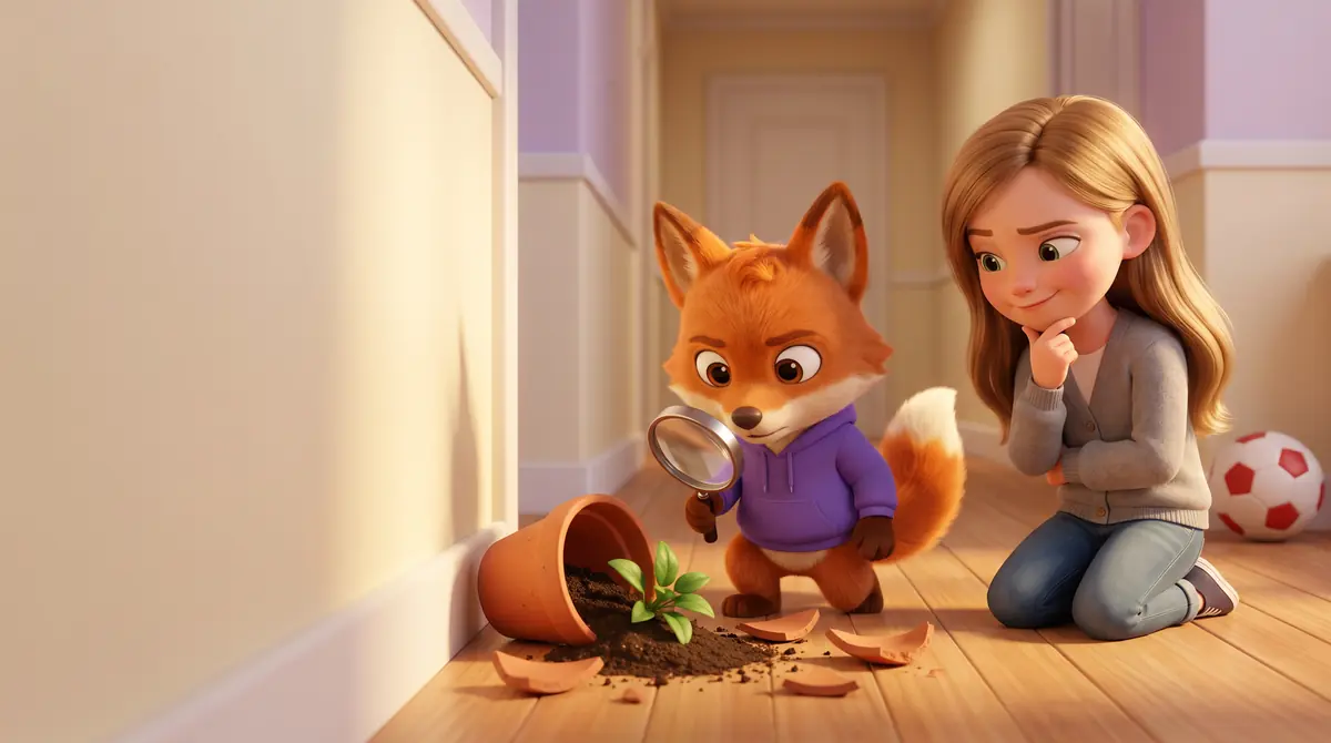 Der Lerntwin-Fuchs untersucht mit einer Lupe einen zerbrochenen Blumentopf im Flur, ein Mädchen kniet daneben und überlegt, hinten liegt ein Fußball