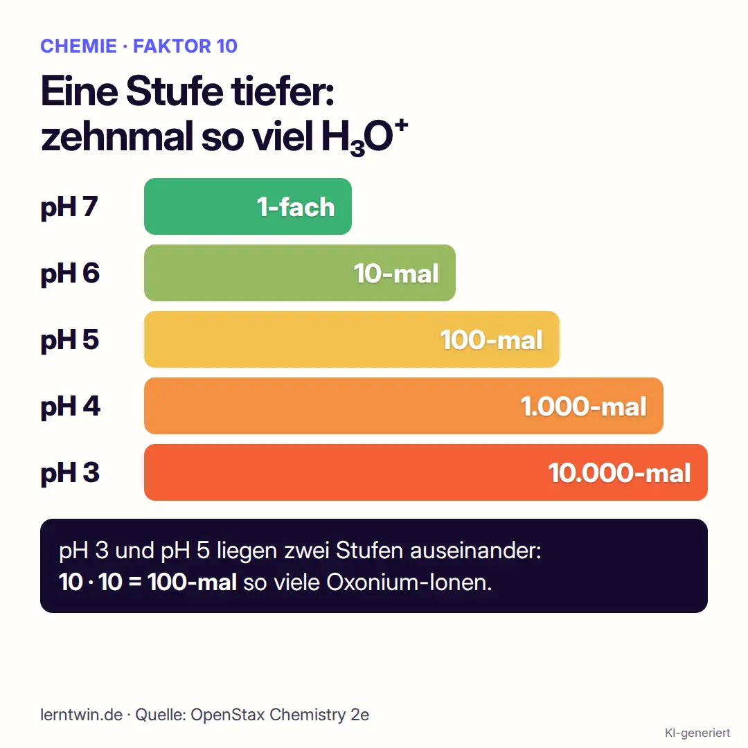 Treppe von pH 7 bis pH 3: jede Stufe nach unten bedeutet zehnmal so viele H3O+-Ionen, bei pH 3 sind es 10.000-mal so viele wie bei pH 7