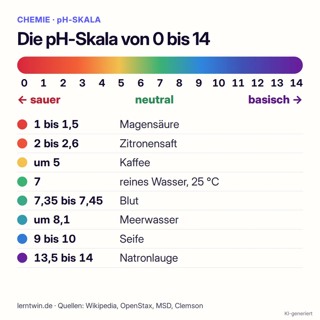 pH-Skala von 0 bis 14 mit Farbverlauf von Rot über Grün nach Violett und Beispielen von Magensäure bis Natronlauge