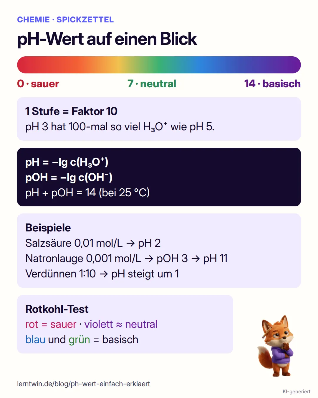 Spickzettel zum pH-Wert: Skala mit sauer, neutral und basisch, Faktor 10, Formeln für pH und pOH, drei Beispielrechnungen und die Farben des Rotkohl-Tests