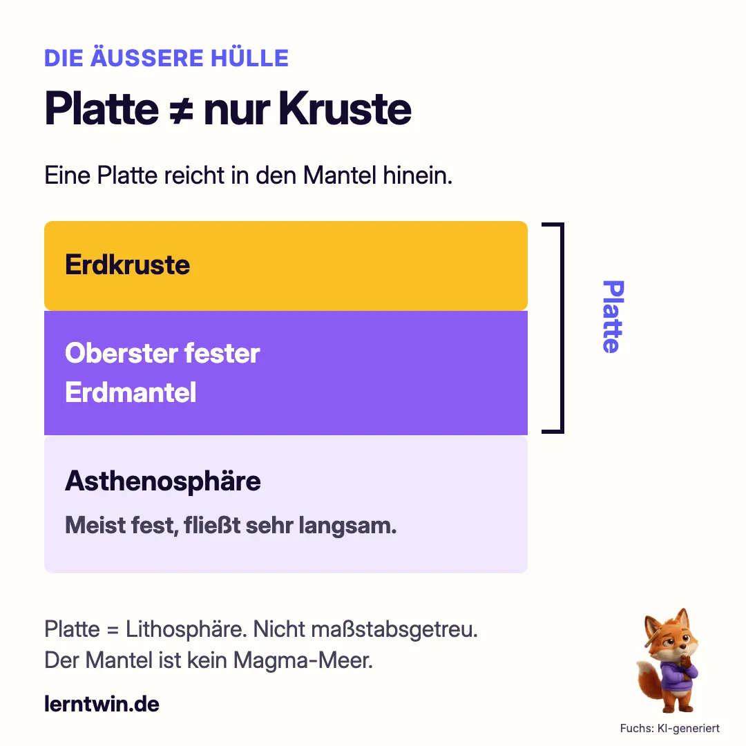 Querschnitt: Die Lithosphäre besteht aus Erdkruste und festem oberstem Mantel. Darunter liegt die langsam verformbare Asthenosphäre.