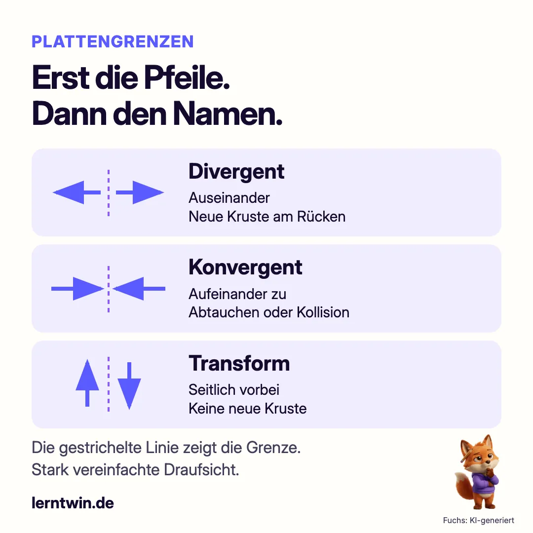 Drei Plattengrenzen: Pfeile auseinander für divergent, zueinander für konvergent und parallel entgegengesetzt für Transformgrenzen