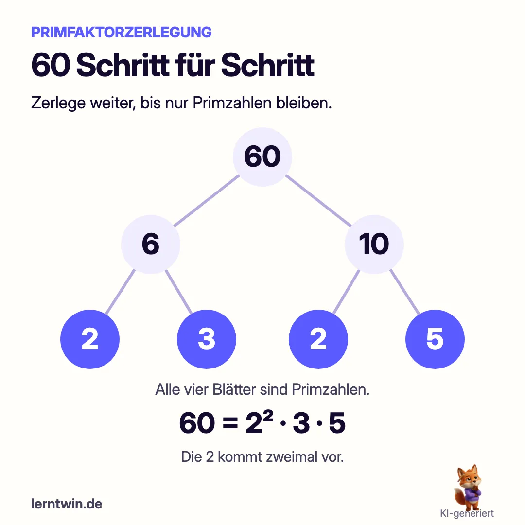 Faktorbaum für 60: 6 und 10 werden in die Primfaktoren 2, 3, 2 und 5 zerlegt; 60 gleich 2 hoch 2 mal 3 mal 5
