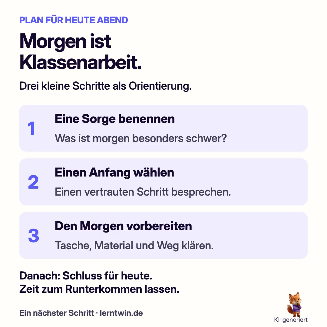 Abendplan vor der Klassenarbeit: Eine Sorge besprechen, einen bekannten Anfang wählen, Tasche und Morgen vorbereiten. Danach ist Schluss mit Lernen.