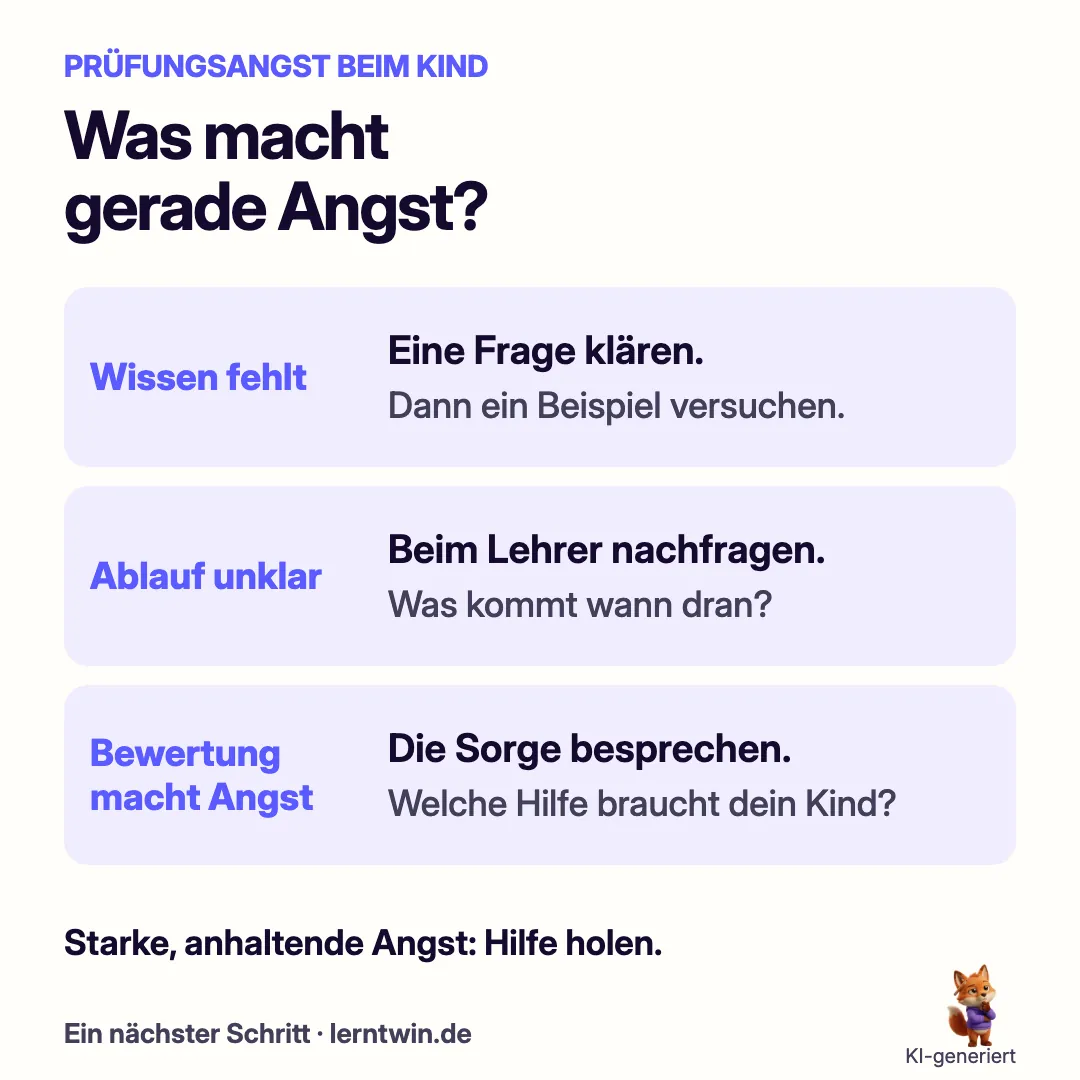 Drei Fragen zur Prüfungsangst: Fehlt Wissen, ist der Ablauf unklar oder macht die Bewertung Angst? Daneben steht jeweils ein möglicher nächster Schritt.