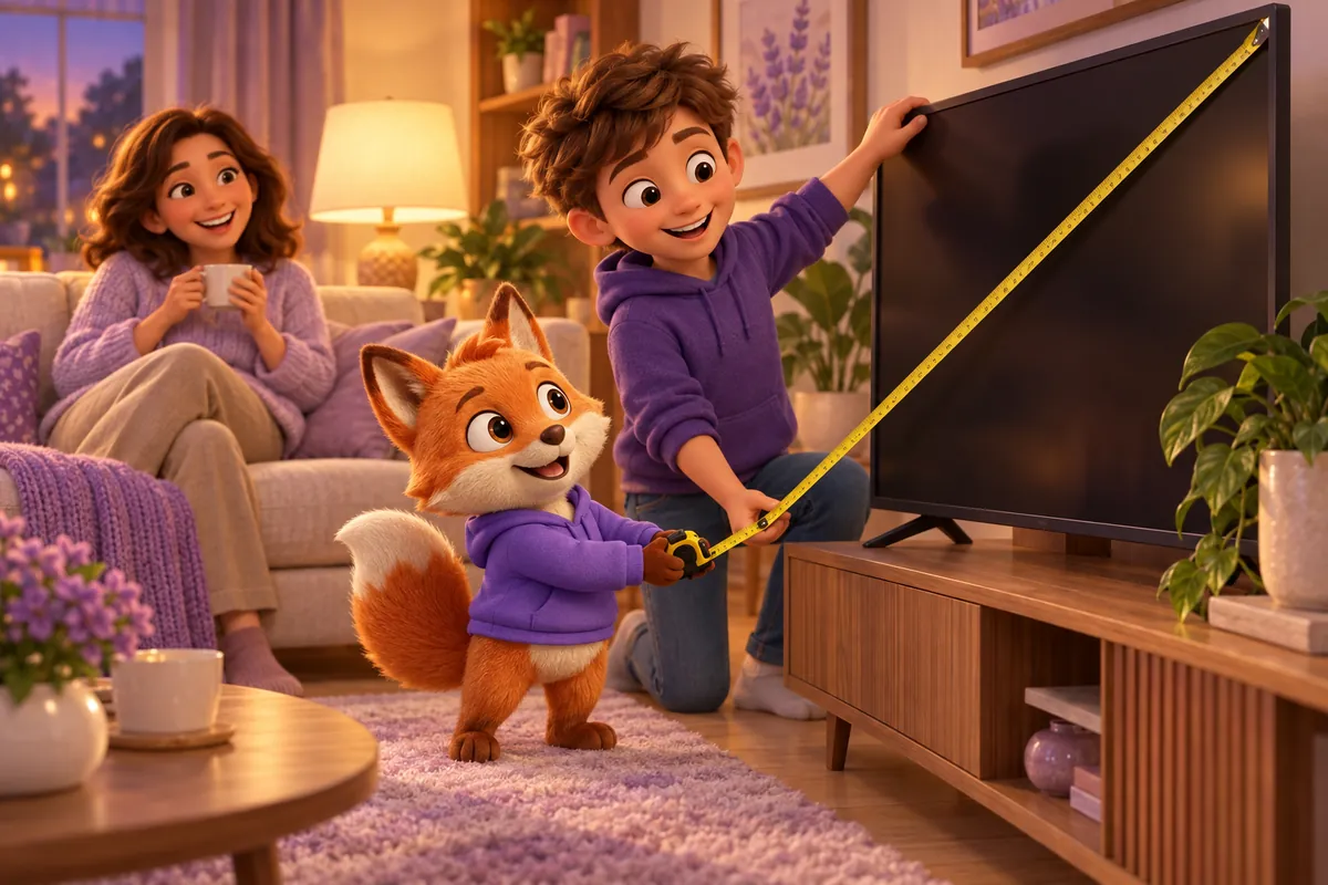Ein Junge und der Lerntwin-Fuchs messen mit einem Maßband die Diagonale eines Fernsehers, die Mutter lacht auf dem Sofa