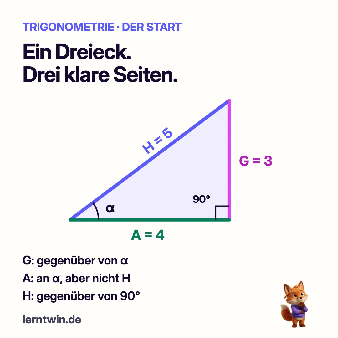 Rechtwinkliges Dreieck mit Alpha links unten: Gegenkathete 3, Ankathete 4 und Hypotenuse 5