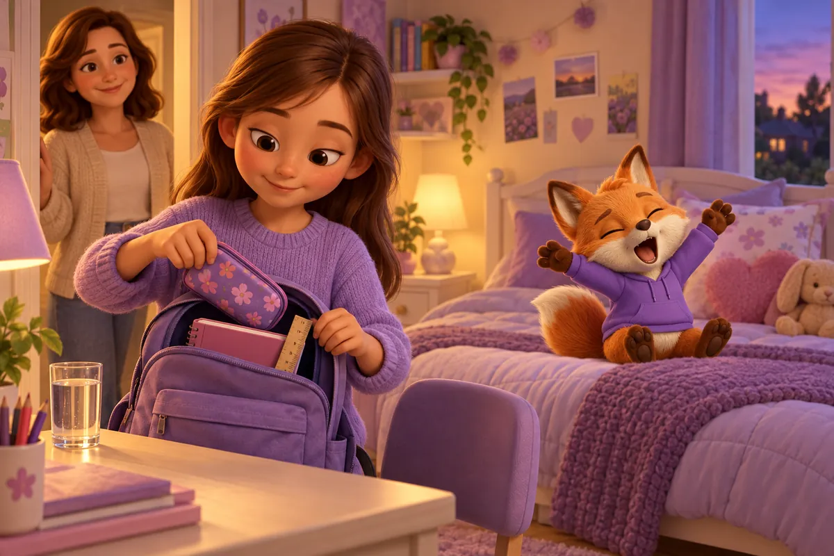 Ein Mädchen packt am Abend in Ruhe ihre Schultasche, die Mutter lächelt in der Tür, der Lerntwin-Fuchs gähnt auf dem Bett